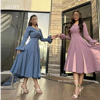 OLOEY Lihtne Saudi araabia Naiste Õhtu Pool Kleidid Pikkade Varrukatega Tolmune Sinine Roosa Tee Pikkus Formaalne Sündmus Kokteili Kleit