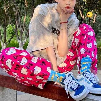 Sanrio Lai Jalg Püksid Hello Kitty Püksid Anime Armas Püksid Täis Trükitud Lahti Kõrge Vöökoht Püksid Laotama Cartoon Vabaaja Püksid