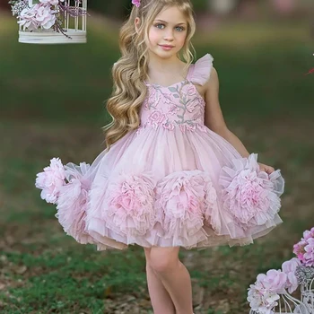 Roosa Lilleneiu Kleit Pulmapidu Kleit Tülli Sünnipäeva Printsess Kleidid, Pundunud Lapse Esimene Õhtusöömaaeg Kleit