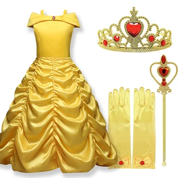 2023 Cosplay Belle Printsess Kleit Tüdrukute Kleidid Kaunitar ja koletis Lapsed Partei Riided Magic Stick Crown Laste Kostüümid