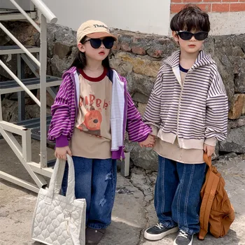 Poisid ja tüdrukud fashion triibuline lukuga kapuutsiga jakid Unsiex kids puuvillane lahti vabaaja Jakid