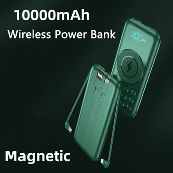 10000mAh Power Bank Magnet Qi Juhtmevaba Laadija iPhone Samsung Xiaomi Powerbank Kaasaskantav Laadija Poverbank Ehitatud Kaabel