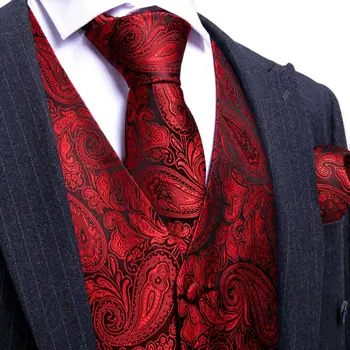 Luxury Silk Punane Must Paisley Meeste Vest Tikitud Slim Fit Vest Necktie Komplekt Pulm Fomal Meeste Ülikond Barry Wang