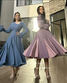 OLOEY Lihtne Saudi araabia Naiste Õhtu Pool Kleidid Pikkade Varrukatega Tolmune Sinine Roosa Tee Pikkus Formaalne Sündmus Kokteili Kleit