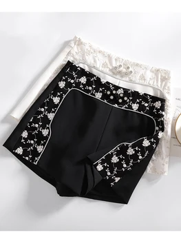 QOERLIN Hiina Stiilis Helmestus Embroideried Õie lühikesed Püksid Naiste Elegantne Lai Säär Kõrge Vöökoht Must Valge Küljel Tõmblukk Suvel lühikesed Püksid