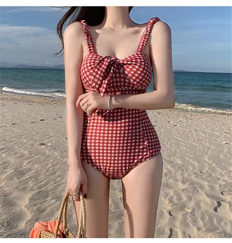 Seksikas Suvel Ühes Tükis Ujumistrikoo Naiste Ruuduline Supelrõivad Push Up Monokini Pad Ujuda Masti Vibu Trikini Punane Trikoo Korea Stiilis