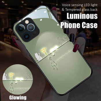 Paarid Armas Kass LED Valgus Hõõguv Helendav Karastatud Klaas Tagasi Telefoni Case for iPhone 11 12 13 14 X Xs Xr Mini Pro Max Plus