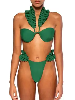 Tahked Värvi, Plisseeritud Disain Push Up Ujumistrikoo Seksikas Micro Bikini Kaks Tükk Välja Lõigatud Alasti Basseini Ujumisriided, Daamid Toru Top Beachwear