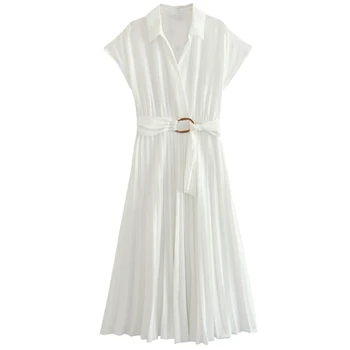 Kuivanud Prantsuse Office Sõitmisest Valge Midi Kleit Naiste Mood Daamid Elegantne Plisseeritud Suvine Kleit Koos Vöö