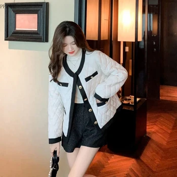 Korea Fashion Ümber Kaela Kerge Lühike Mantel Vintage Ühe Karavan Outwear Talvel Valge Must Elegantne Puuvill-Polsterdatud Jope Naistele