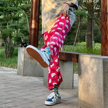 Sanrio Lai Jalg Püksid Hello Kitty Püksid Anime Armas Püksid Täis Trükitud Lahti Kõrge Vöökoht Püksid Laotama Cartoon Vabaaja Püksid
