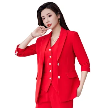 2023 Naiste Ametliku 3-Osaline Komplekt Fashion Punane Sinine Must Asukoht Daamid Pikad Varrukad Äri Stiilne Pintsak Vest Ja Pant Masti Tee Kandma