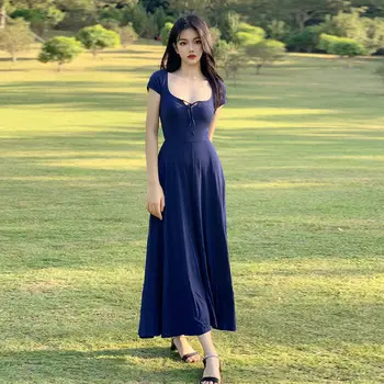 Retro Intellektuaalse Elegantne Kleit Naiste 2023 Suvel Uute tulijate Sügav Sinine ümber Kaela Slim Lühikesed Varrukad Venivad Pikad Kleidid
