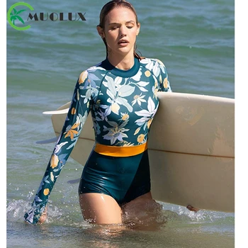 MUOLUX 2023 Ühes Tükis Ujumistrikoo Sport Pikad Varrukad Naiste Ujumisriided Vintage Rash Guard Prindi Monokini Beachwear BathingSuit Bodysuit