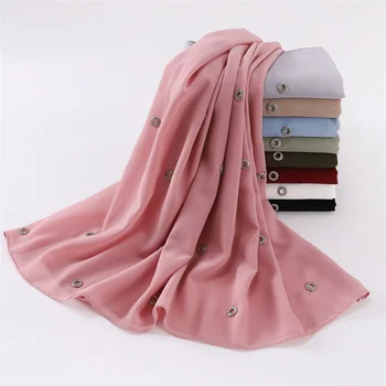 Tavaline Moslem Mull Sifonki Hijab Salli Perforate Fastener Wrap Ramadaani Islami Hijabs ja Sallid Lady Beach Loor Sjaal 175*70Cm