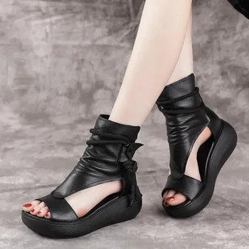 Naiste Suve Sandaalid Keskel Kontsad Wedges Kingad Daamid Vintage PU Nahk Pluss Suurus Sandalias Mujer Sapato Feminino 2021