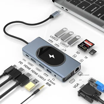 12 in1 Sülearvuti Dokk USB-C-HUB Tüüp-C Docking Station USB3.0 PD Laadimine HDMI VGA SD TF RJ45 3,5 mm Wrieless Macbook Laadija