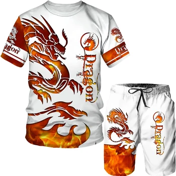 Camiseta y pantalones cortos para hombre, ropa calle de con estampado de dragón Vintage 3D, conjunto de verano de dos de piezas
