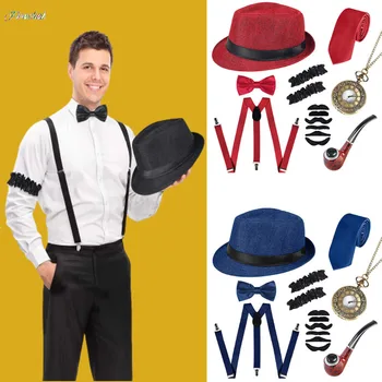 Halloween 1920 Mens Gatsby Gangster Tarvikute Komplekt Panama Müts Suspender kikilips 20s Suur Gatsby Cosplay Tarvikud